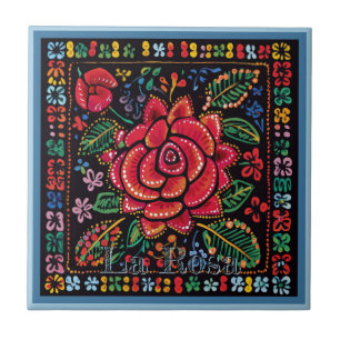 Huichol Loteria Keramische Tegel: La Rosa Keramisc Tegeltje
