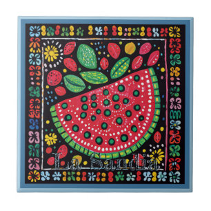 Huichol Loteria Keramische Tegel: La Sandia Tegel Tegeltje