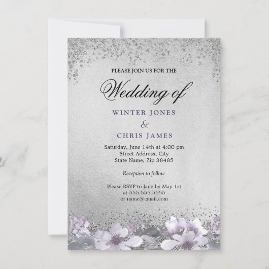 Huile d'argent Floral violet Faire-part de mariage (Devant)