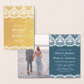 Huile d'or Dusty Blue Faire-part de mariage dentel (Affichage)