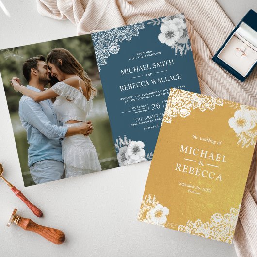 Huile d'or Dusty Blue Floral Faire-part de mariage