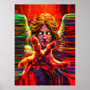 Huilende engel neon multikleur impasto olieverfsch poster