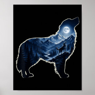 Huilende hond maanverlichte berg bos silhouet kuns poster