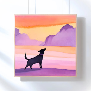 Huilende hond   Zwarte hond watercolor silhouet Poster
