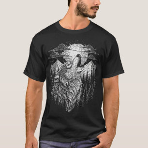 Huilende Wolf en Maan Lijnkunst T-Shirt
