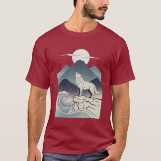 Huilende Wolf Maanverlichte Berg Houtblok T-shirt