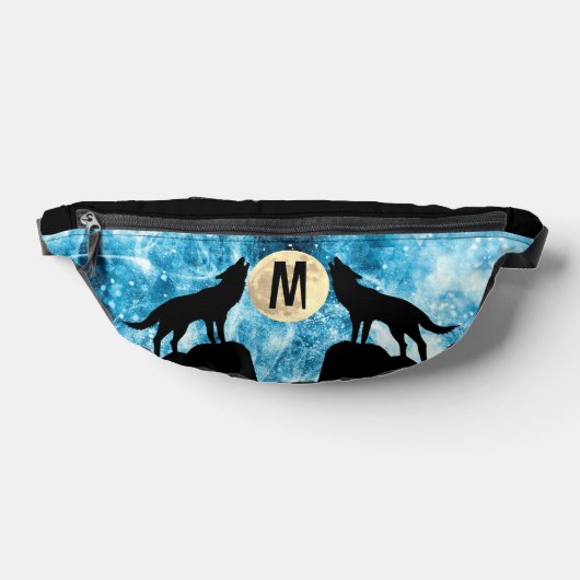 Huilende Wolf Volle maan blauw zwart Aangepast Mon Heuptasje (Liggend)