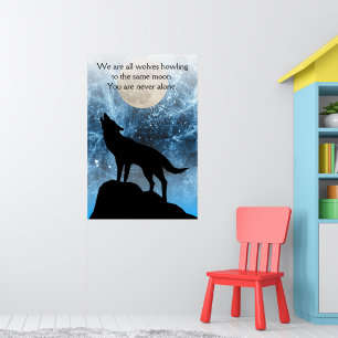 Huilende Wolf volle maan blauw zwart Aangepaste qu Poster