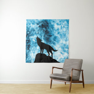 Huilende Wolf Winter sneeuwige blauwe rook Abstrac Wandkleed