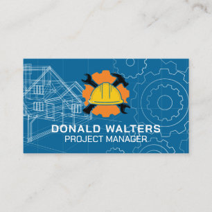 Huis Blauwe Prints tandwielen Bouw Logo Visitekaartje