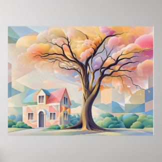 Huis en Boom in Art Deco Pastels Poster