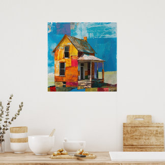 Huis gemaakt van een collage van stukken en textur poster