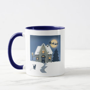 Huis in Snowy Night met Kat en Kerstman Mok