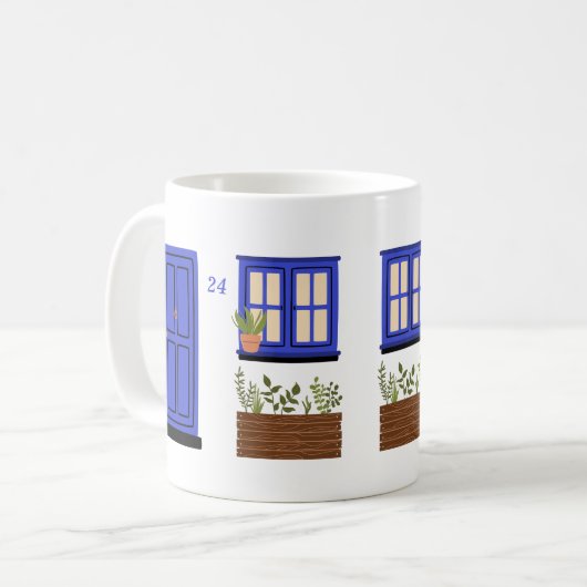 Huis met blauwe deur met aangepaste offerte koffiemok (Voorkant links)