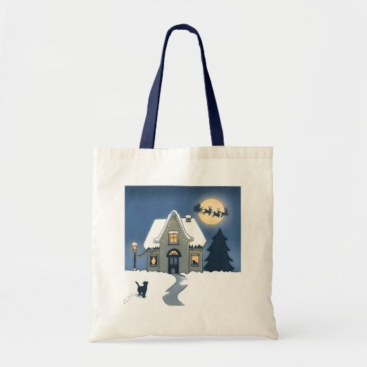 Huis met kat op een besneeuwde kerstnacht tote bag (Voorkant)