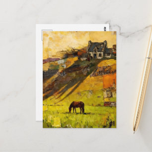 Huis op de heuvel en paard in de wei briefkaart