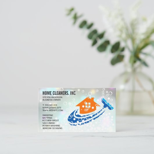 Huis Schoonmaak Logo | Dienstmeid | Zeepbellen Visitekaartje (Staand voorkant)