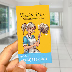 Huis Schoonmaak Retro Blauw & Goud Maid Service Visitekaartje