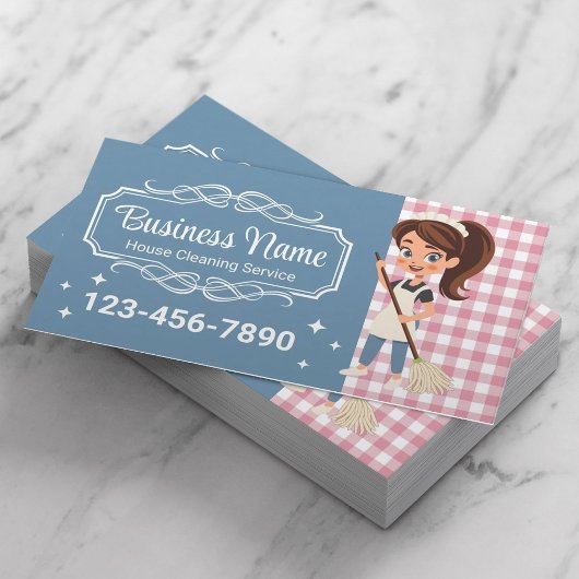 Huis Schoonmaak Service Cartoon Maid Blue & Pink Visitekaartje
