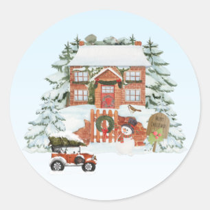  huis Sneeuwscène met vrolijk kerstfeest Ronde Sticker