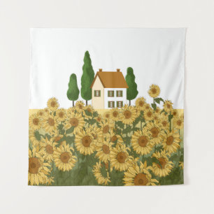 Huis Zonnebloemen veld illustratie Wandkleed