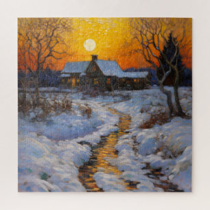 Huis Zonsondergang Winterlandschap Legpuzzel