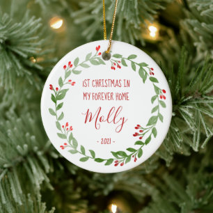 Huisdier Foto Eerste Kerst Krans Rode Tekst Keramisch Ornament