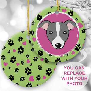 Huisdier hond cartoon Custom foto Paw prints Groen Keramisch Ornament