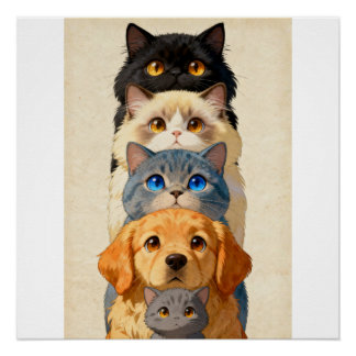 Huisdier Totem Stapel Whimsical Cats en Gouden Ret Perfect Poster