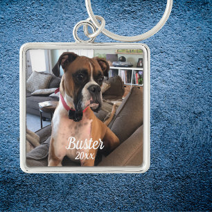 Huisdierfoto Boxer Witte typografie Personaliseer Sleutelhanger