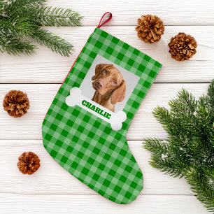 Huisdierfoto en hondenbot met naam op groene gerui kleine kerstsok