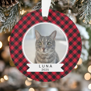 Huisdierfoto Rood en Zwarte Buffalo Plaid Kerstmis Ornament