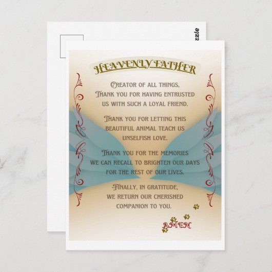 Huisdierherdenking Gebed, Engelenvleugels en Pootj Briefkaart (Voorkant / Achterkant)