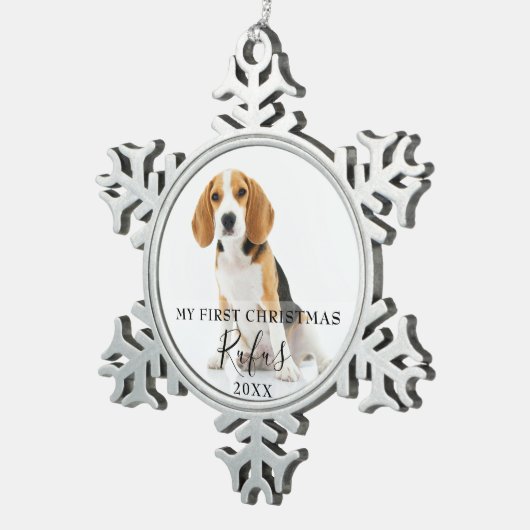 Huisdierhond Foto Eerste Kerst Script Tin Sneeuwvlok Ornament (Rechts)