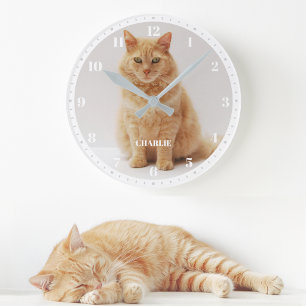 Huisdierkat Foto Aangepaste naam en nummers Wit & Ronde Klok
