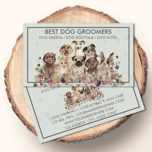 Huisdieroppasser honden zittend bloemen veterinair visitekaartje