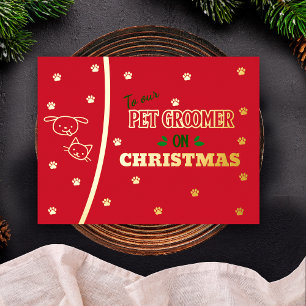 Huisdierverzorger met Kerstmis Kat en Hond Gouden  Folie Feestdagen Briefkaart