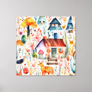 Huiselijke bloemrijke platteland dieren huizen canvas afdruk
