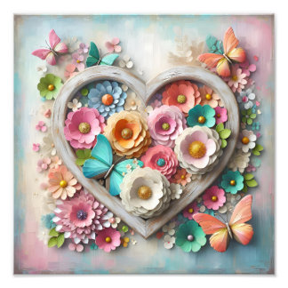 Huisje-boerderij Pastel Bloemen Vlinder Hart Foto Afdruk
