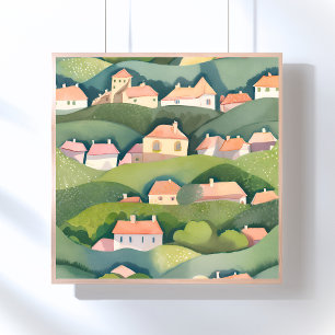 Huisjes op een heuvel Natuur Waterverf Luchtig S Poster