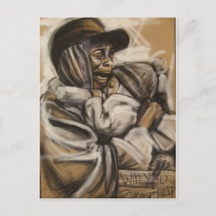 Huisloze moeder en kind briefkaart