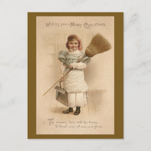Huismeid met Broom Old Fashioned Christmas Feestdagenkaart