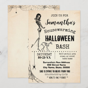 Huisopwarming Halloween party Girl & cat skeleton Kaart
