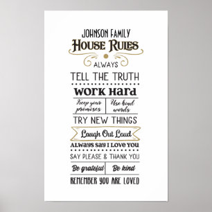 Huisregels met familienaam Zwart Goud Poster
