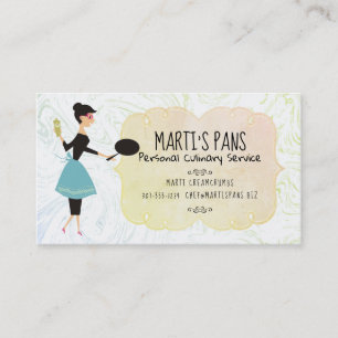 Huisvrouw die pan-chef-cateringvisitekaartje produ visitekaartje