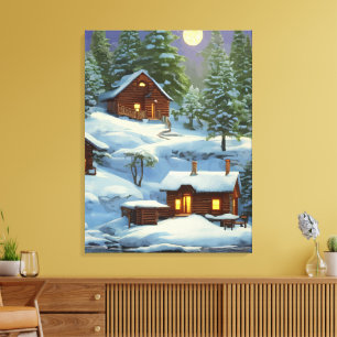 Huizen in Het Bos Sneeuwlandschap ARt Canvas Afdruk