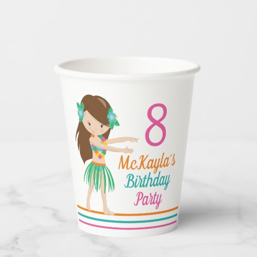 Hula Birthday Girl Cute Custom Luau Party Papieren Bekers (Voorkant)