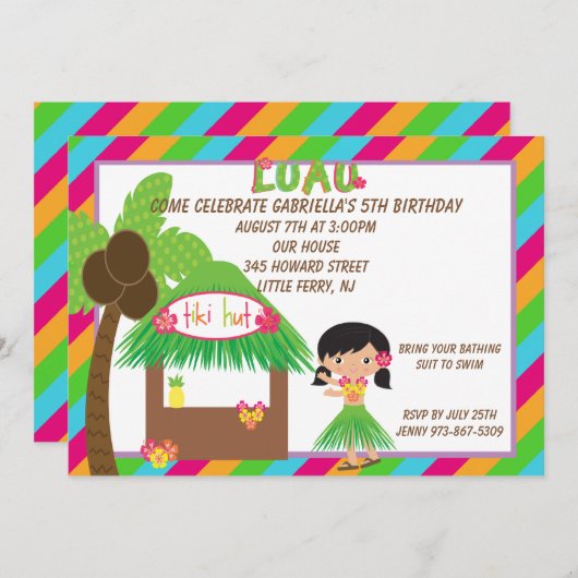 Hula Girl Tiki Hut Bright Birthday Uitnodiging (Voorkant / Achterkant)