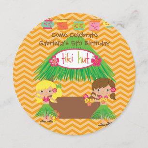 Hula Girls Tiki Hut Round Luau Birthday Uitnodigin Kaart