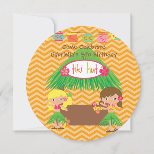 Hula Girls Tiki Hut Round Luau Verjaardag Uitnodig Kaart (Voorkant)